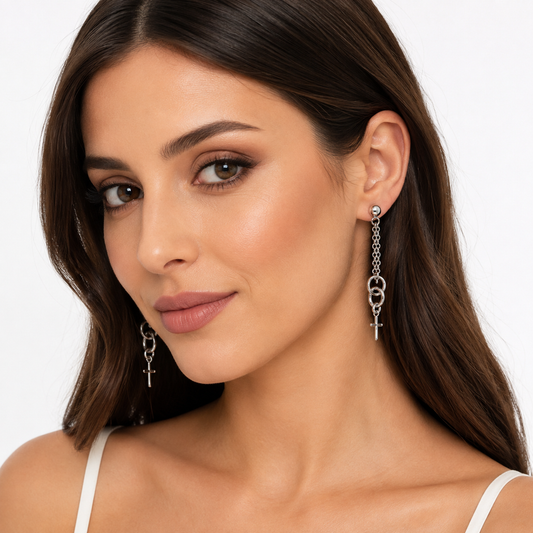Long bronze cross and ring earrings