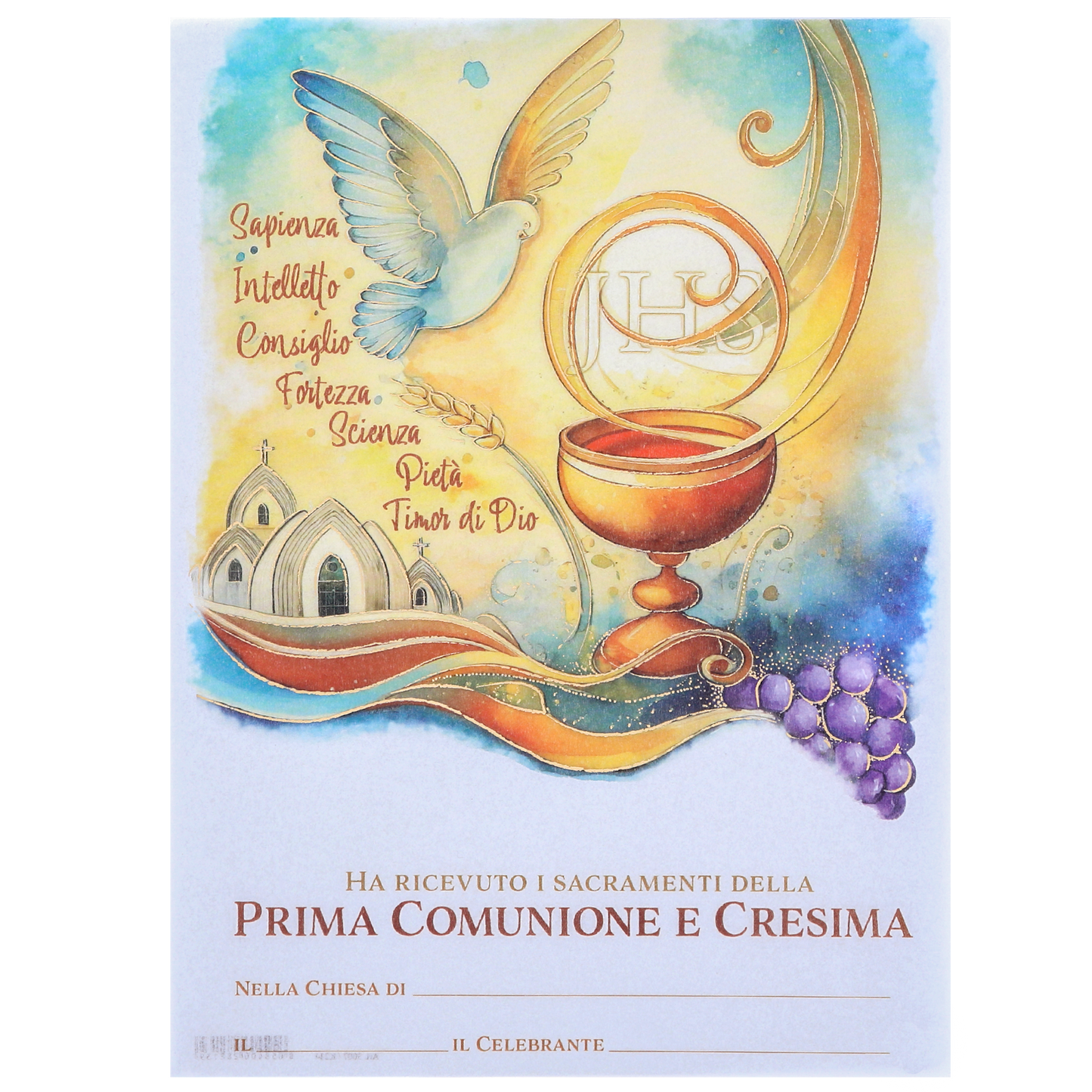 Diploma carta pergamena per Comunione e Cresima. Dimensioni 18x24 cm