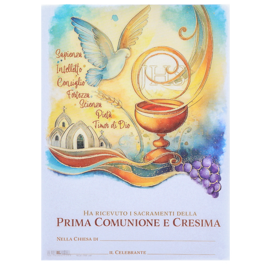 Diploma carta pergamena per Comunione e Cresima. Dimensioni 18x24 cm