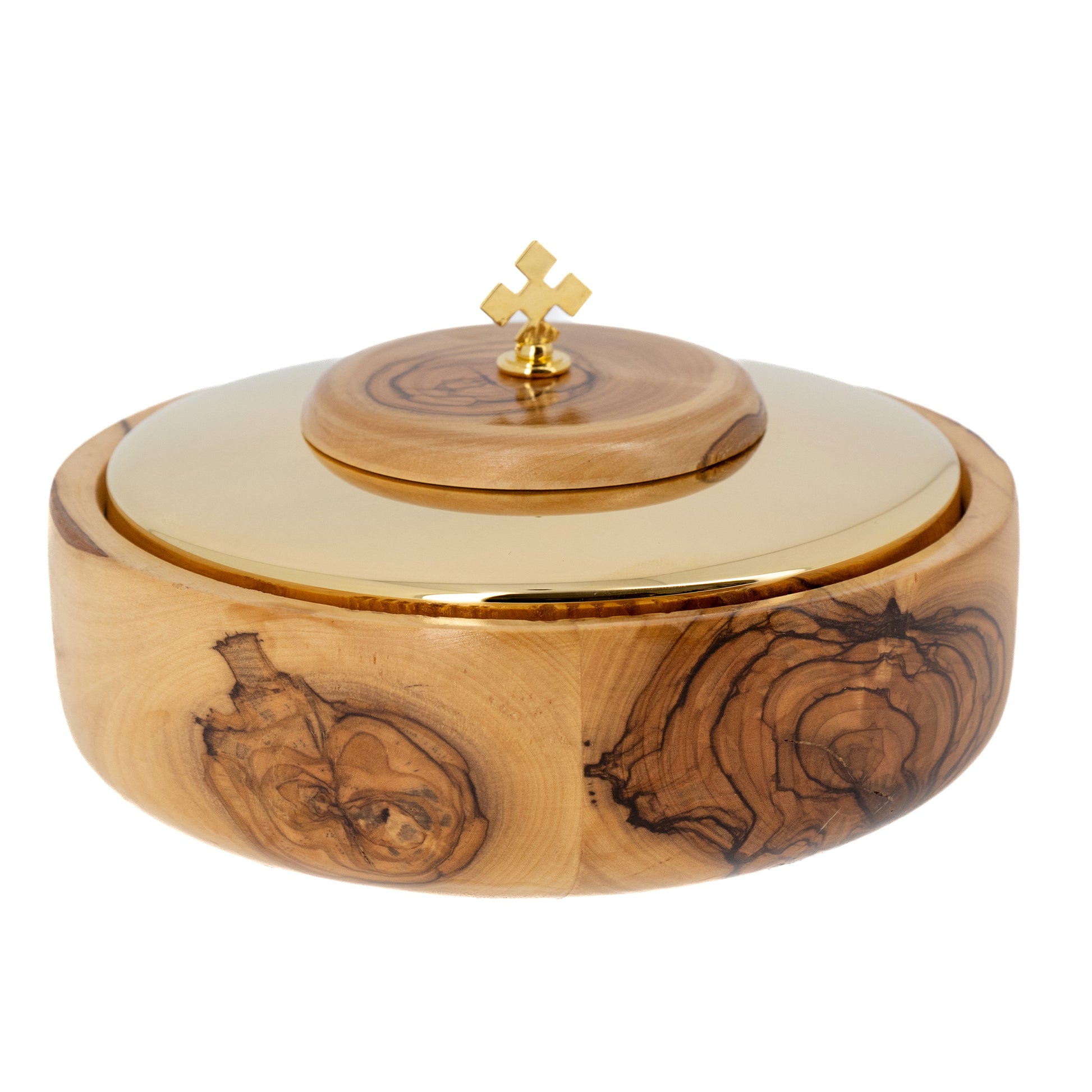 Pisside in legno d'olivo con coperchio. Diametro 16,5 cm