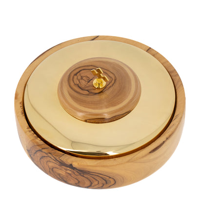 Pisside in legno d'olivo con coperchio. Diametro 16,5 cm
