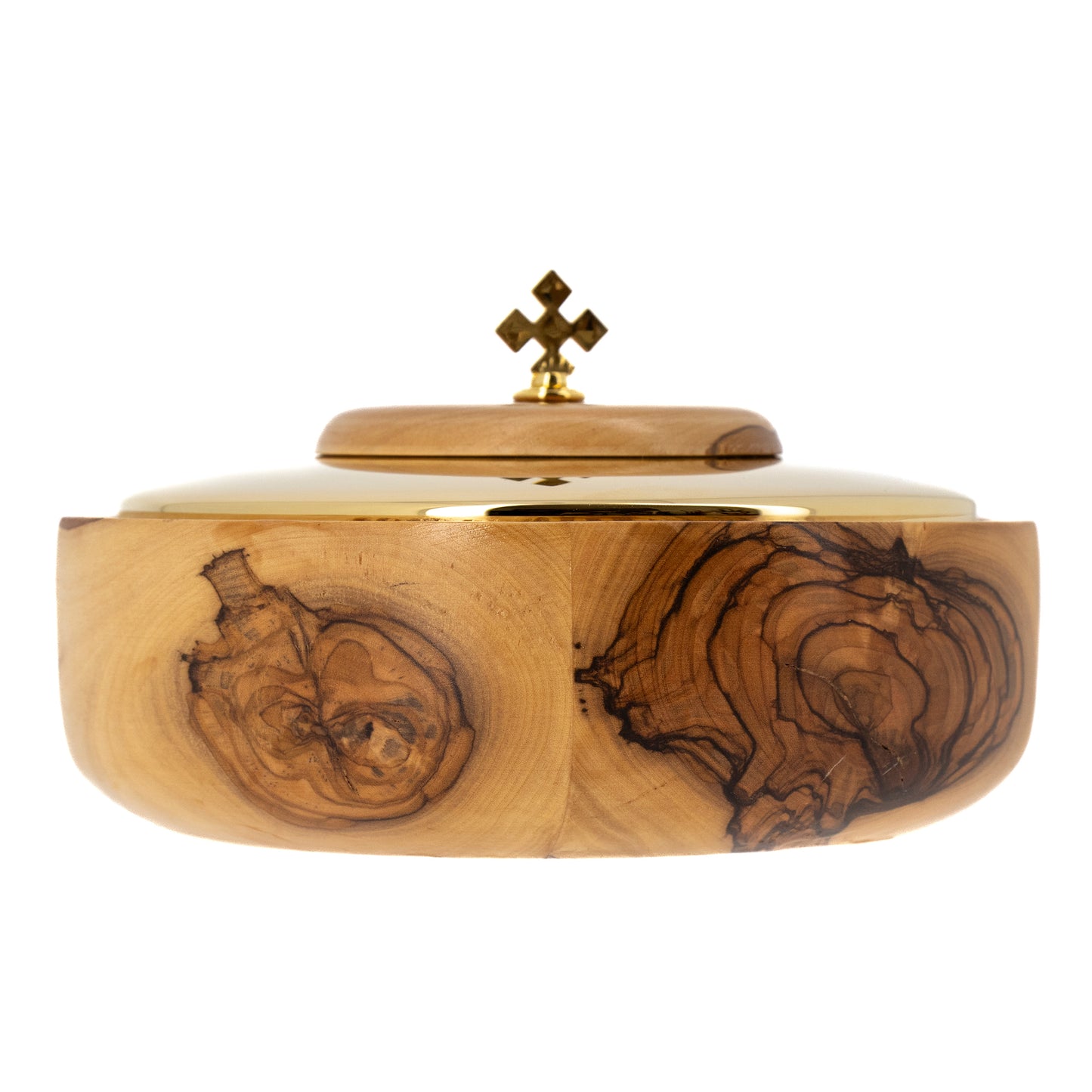 Pisside in legno d'olivo con coperchio. Diametro 16,5 cm