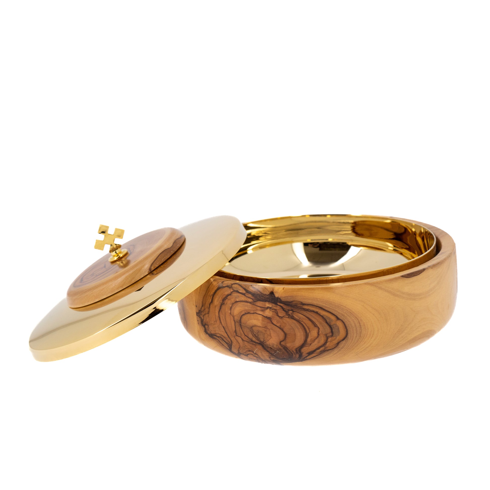 Pisside in legno d'olivo con coperchio. Diametro 16,5 cm