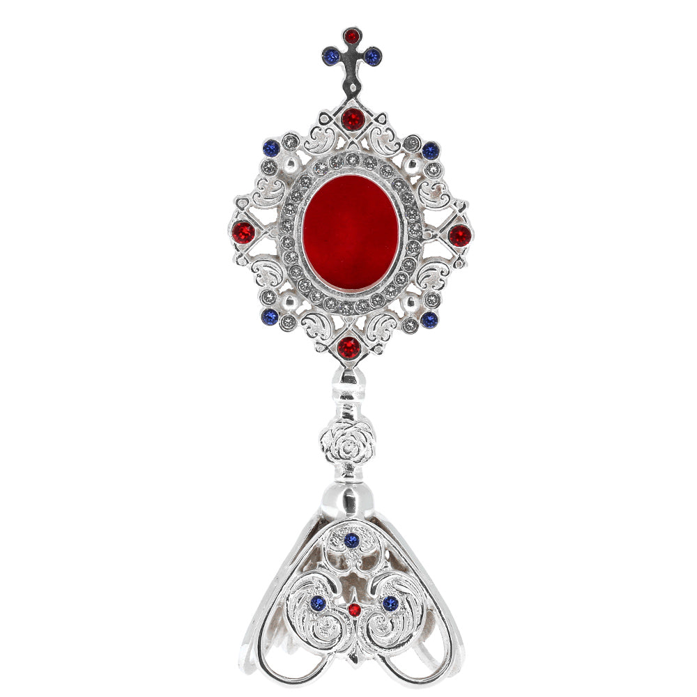 Reliquiario liturgico in ottone argentato con pietre decorative e base traforata – Altezza 23 cm