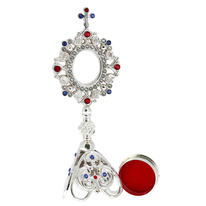 Reliquiario liturgico in ottone argentato con pietre decorative e base traforata – Altezza 23 cm
