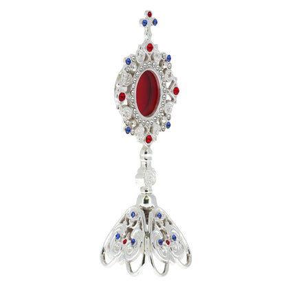 Reliquiario liturgico in ottone argentato con pietre decorative e base traforata – Altezza 23 cm