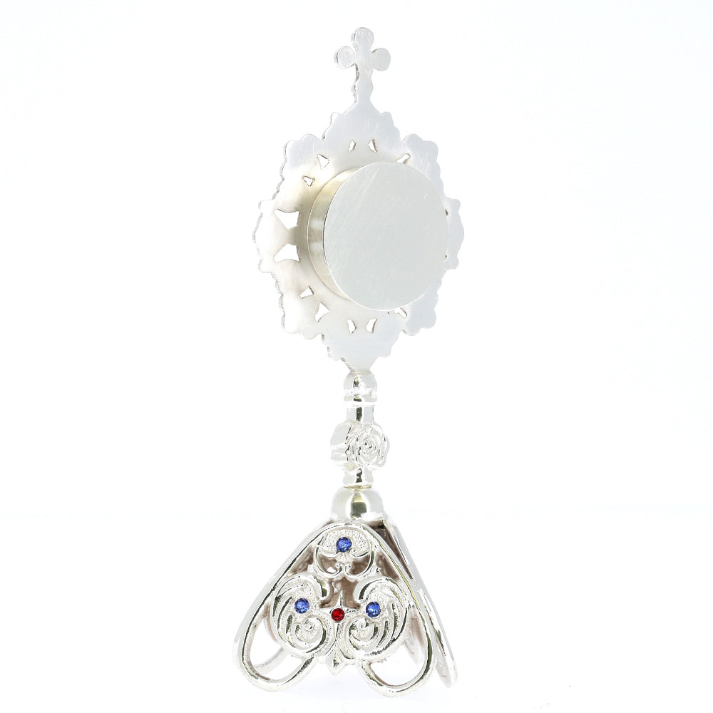 Reliquiario liturgico in ottone argentato con pietre decorative e base traforata – Altezza 23 cm