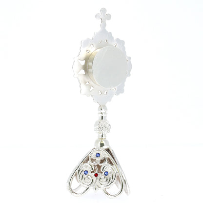 Reliquiario liturgico in ottone argentato con pietre decorative e base traforata – Altezza 23 cm