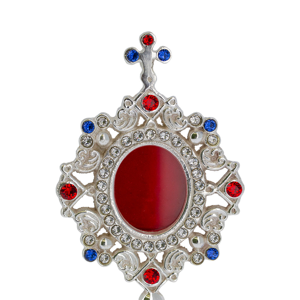 Reliquiario liturgico in ottone argentato con pietre decorative e base traforata – Altezza 23 cm