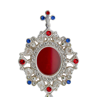Reliquiario liturgico in ottone argentato con pietre decorative e base traforata – Altezza 23 cm