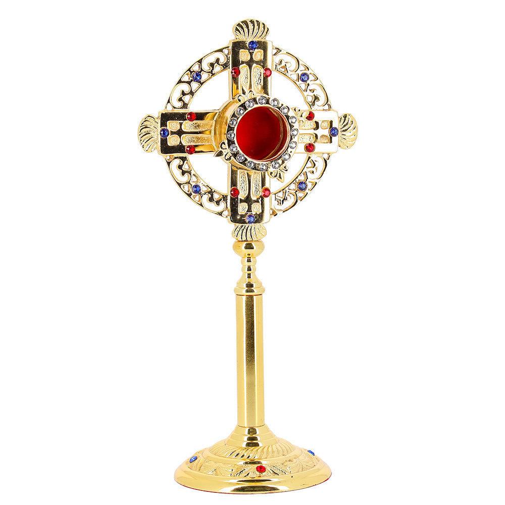 Reliquiario liturgico in ottone dorato con pietre decorative – Altezza 26 cm