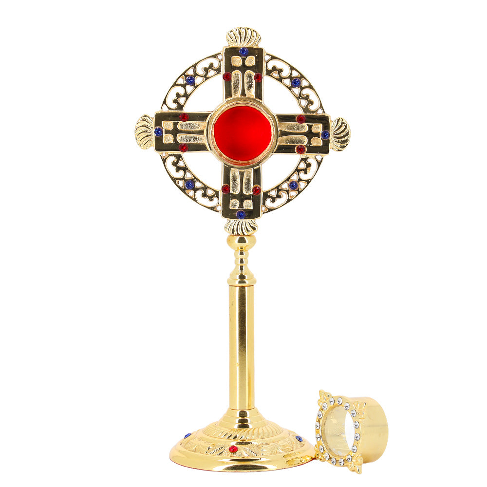 Reliquiario liturgico in ottone dorato con pietre decorative – Altezza 26 cm