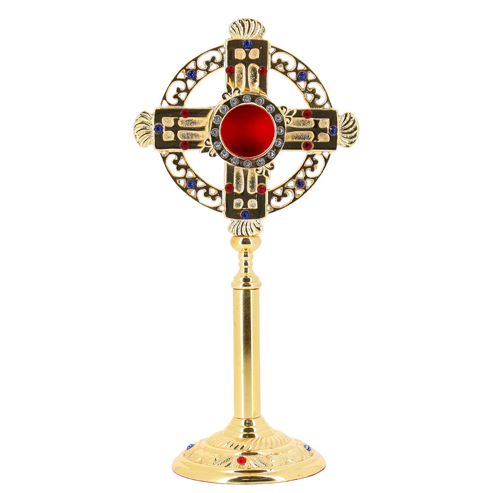 Reliquiario liturgico in ottone dorato con pietre decorative – Altezza 26 cm