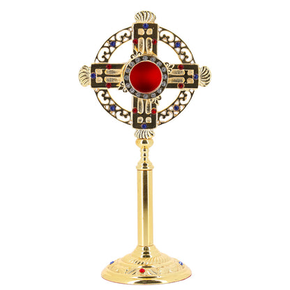 Reliquiario liturgico in ottone dorato con pietre decorative – Altezza 26 cm