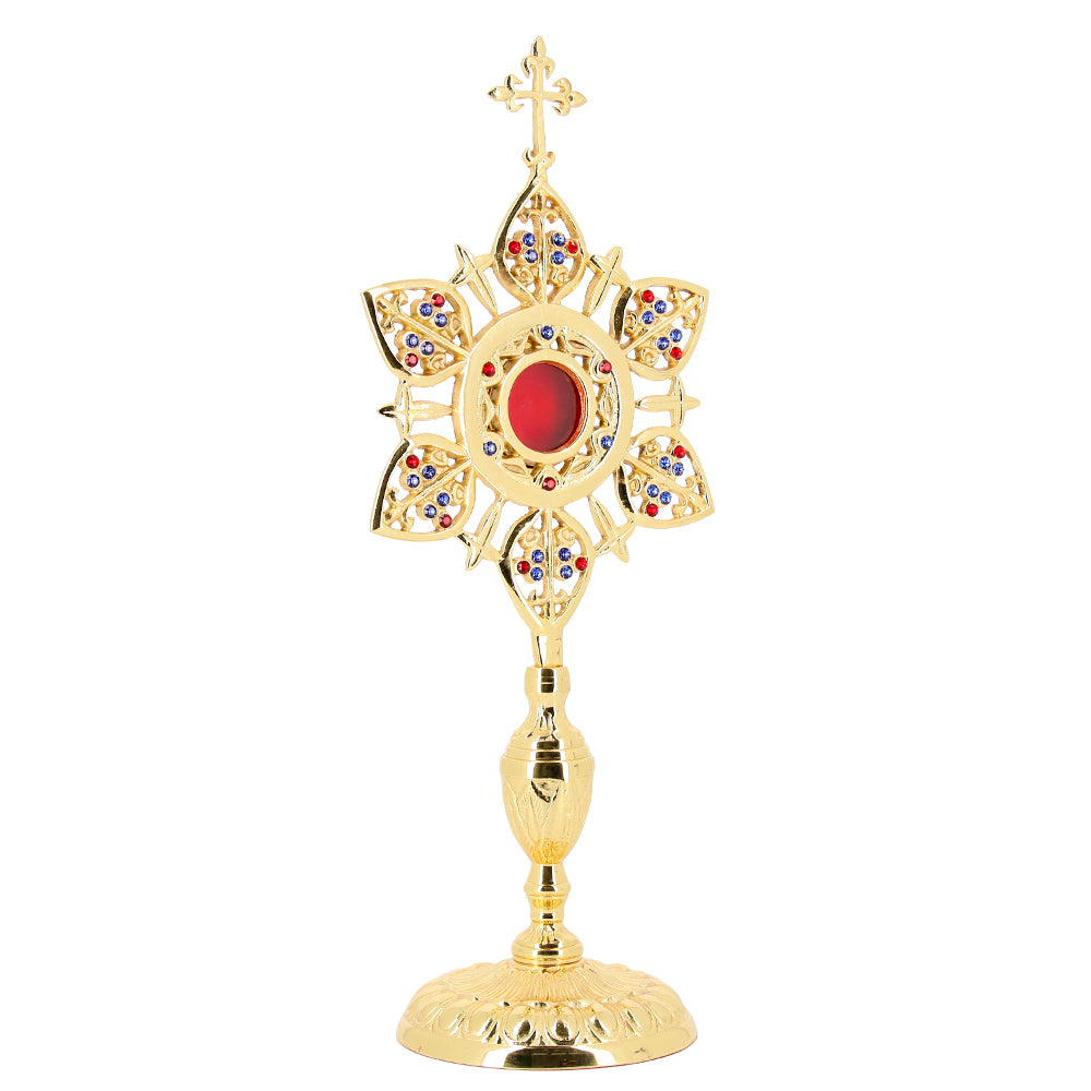 Reliquiario liturgico a raggiera in ottone dorato con pietre decorative – Altezza 39 cm
