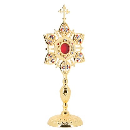 Reliquiario liturgico a raggiera in ottone dorato con pietre decorative – Altezza 39 cm