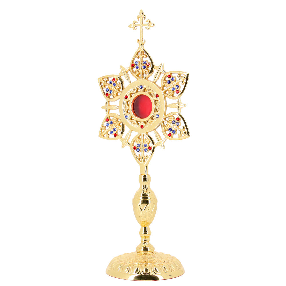Reliquiario liturgico a raggiera in ottone dorato con pietre decorative – Altezza 39 cm