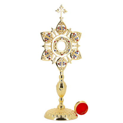 Reliquiario liturgico a raggiera in ottone dorato con pietre decorative – Altezza 39 cm