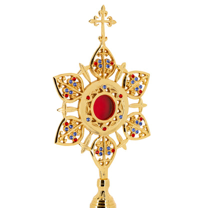 Reliquiario liturgico a raggiera in ottone dorato con pietre decorative – Altezza 39 cm