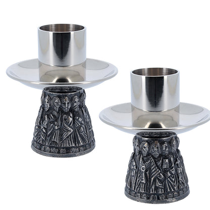 Coppia candelieri da altare coordinato in ottone nichelato con base dei 12 Apostoli - Altezza 7,5 cm