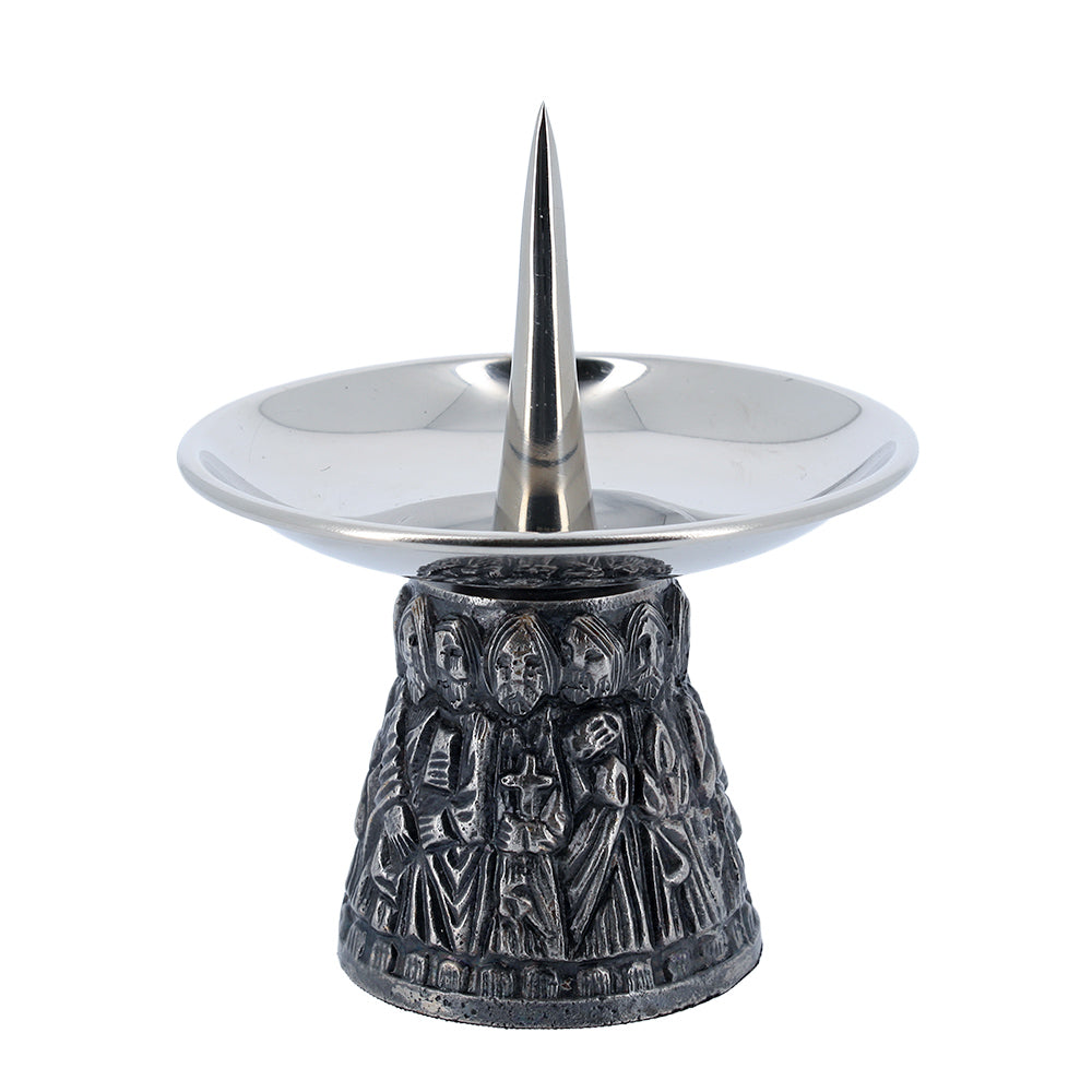 Coppia candelieri da altare coordinato in ottone nichelato con base dei 12 Apostoli - Altezza 7,5 cm