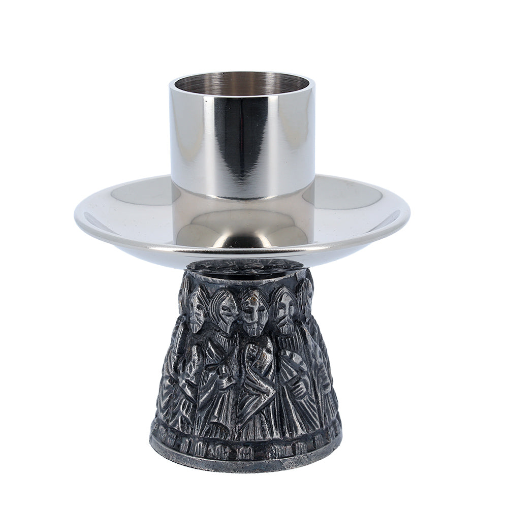 Coppia candelieri da altare coordinato in ottone nichelato con base dei 12 Apostoli - Altezza 7,5 cm