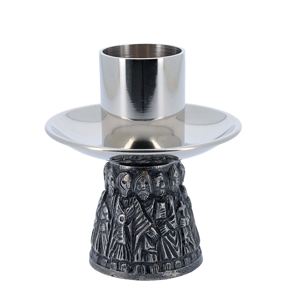 Coppia candelieri da altare coordinato in ottone nichelato con base dei 12 Apostoli - Altezza 7,5 cm