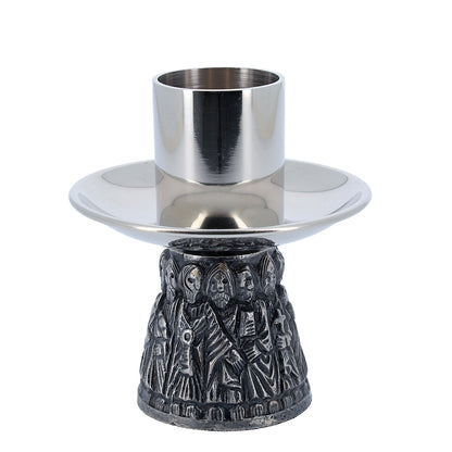 Coppia candelieri da altare coordinato in ottone nichelato con base dei 12 Apostoli - Altezza 7,5 cm
