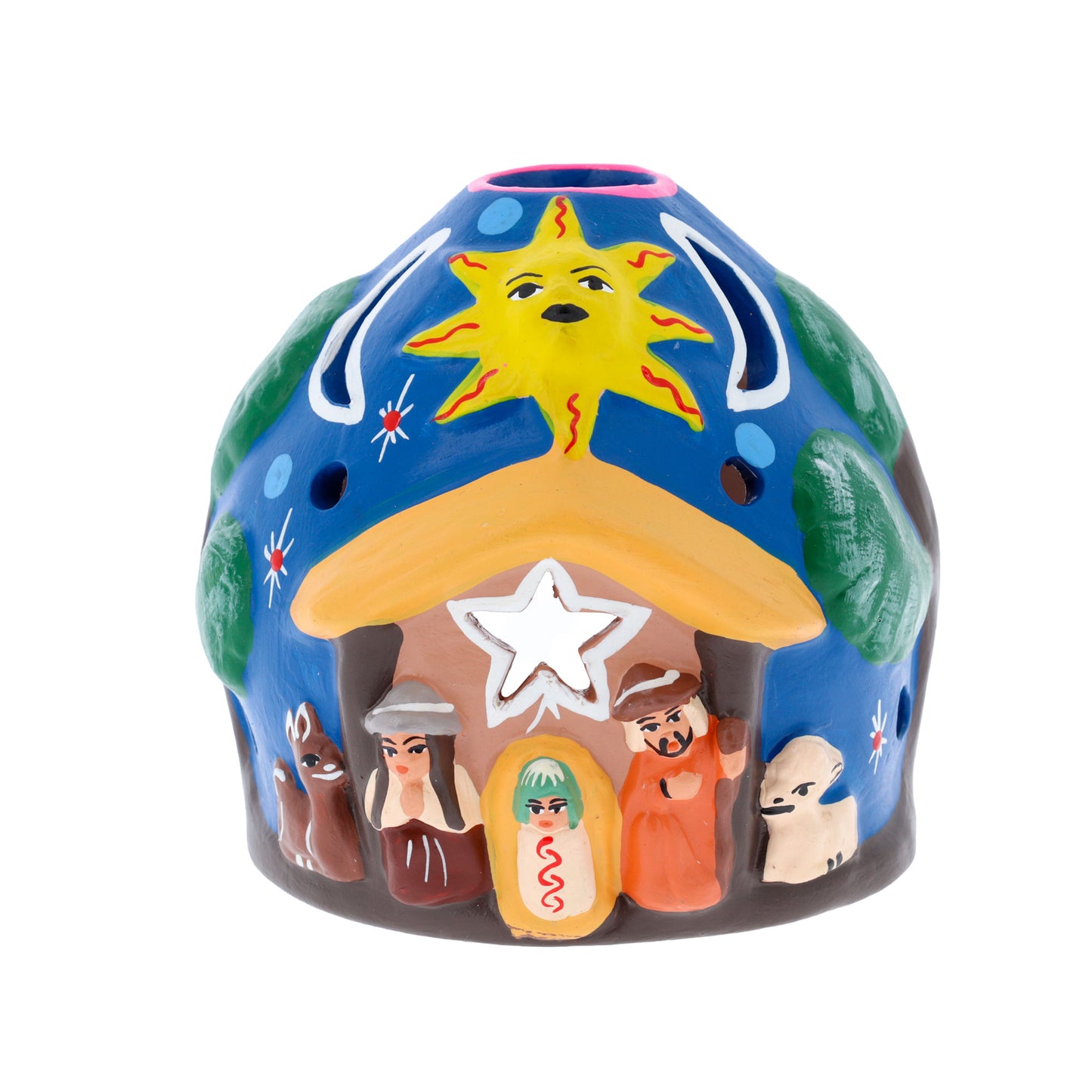Presepe porta lumino in terracotta. Dimensioni 9x9 cm