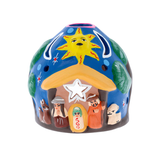 Presepe porta lumino in terracotta. Dimensioni 9x9 cm