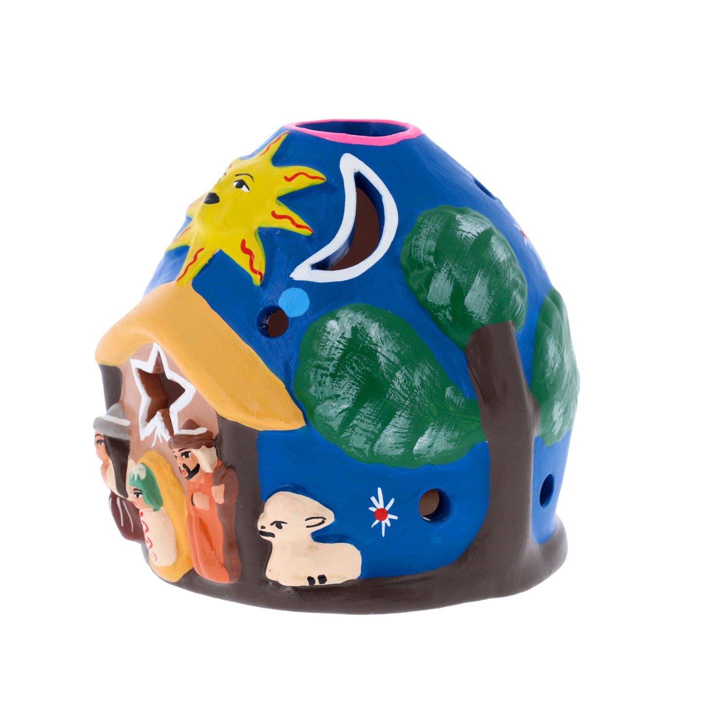 Presepe porta lumino in terracotta. Dimensioni 9x9 cm