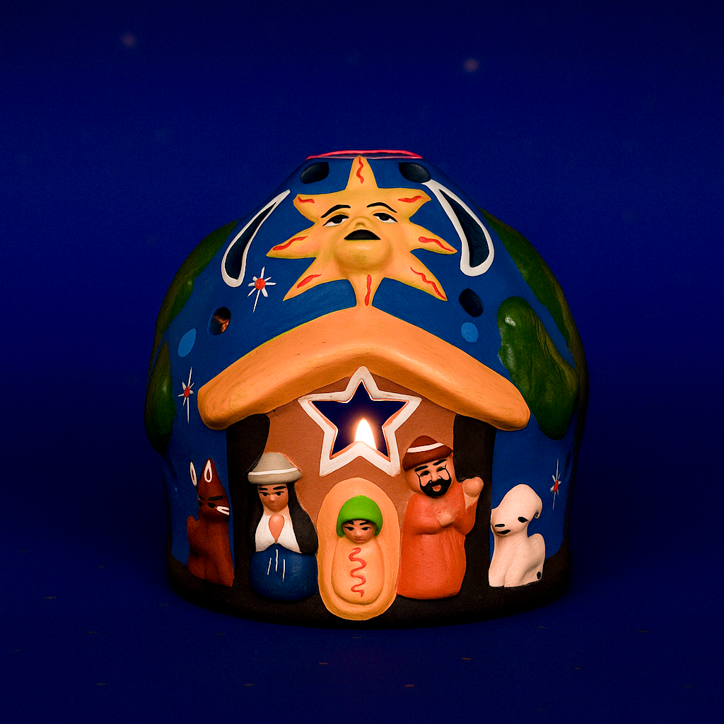 Presepe porta lumino in terracotta. Dimensioni 9x9 cm