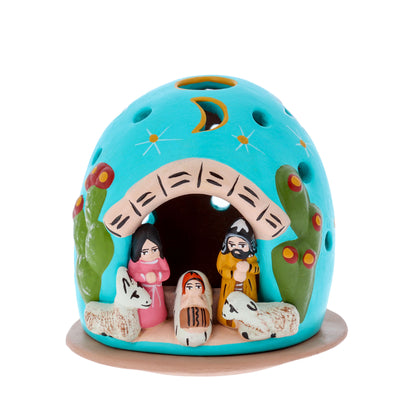 Presepe porta lumino in terracotta e piattino. Dimensioni 7,5x8 cm