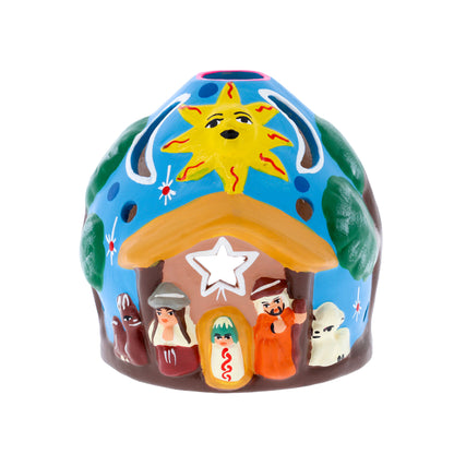 Presepe porta lumino in terracotta. Dimensioni 9x9 cm