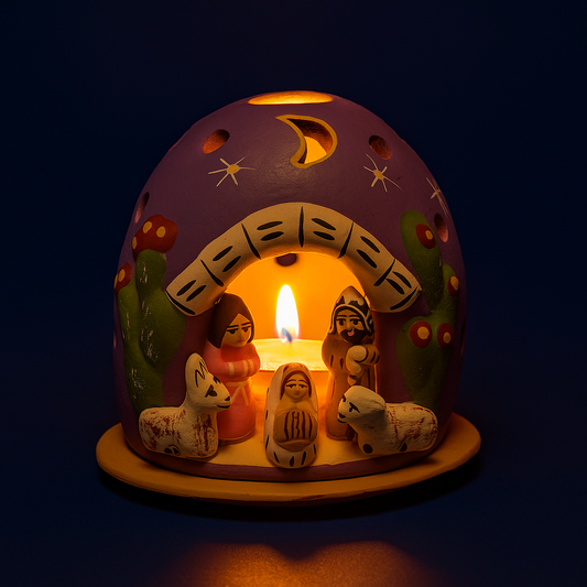 Presepe porta lumino in terracotta e piattino. Dimensioni 7,5x8 cm