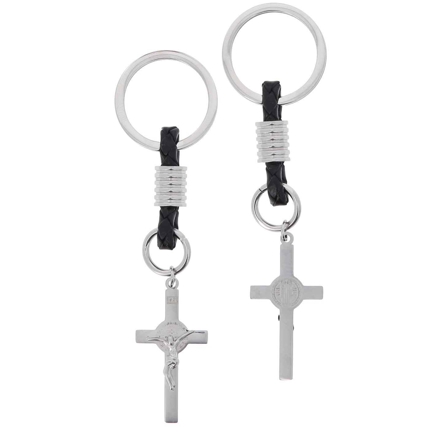 Portachiavi con Croce San Benedetto in acciaio inox. Con confezione. Lunghezza 10,5 cm