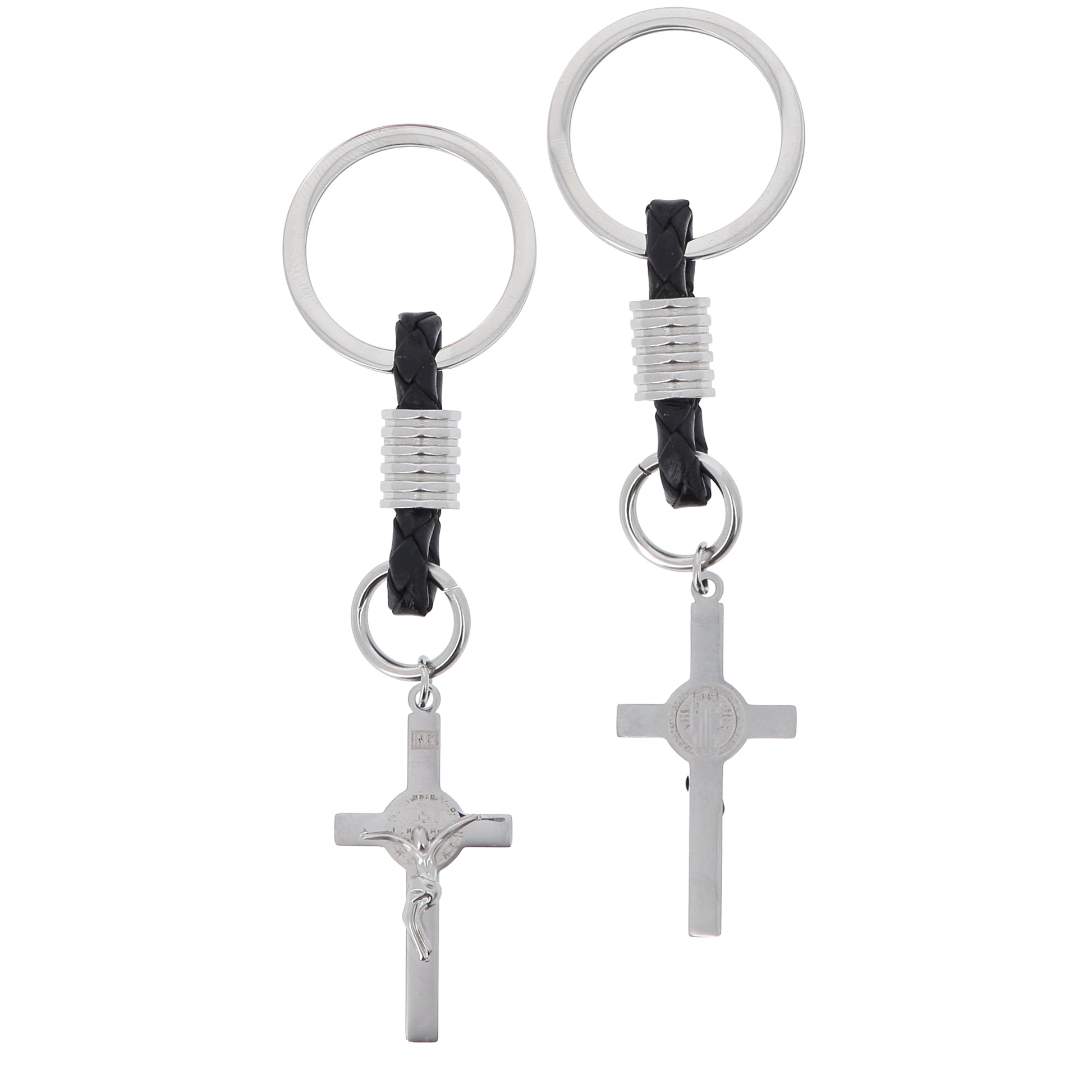 Portachiavi con Croce San Benedetto in acciaio inox. Con confezione. Lunghezza 10,5 cm