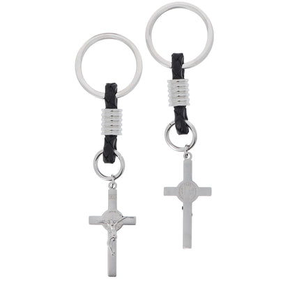 Portachiavi con Croce San Benedetto in acciaio inox. Con confezione. Lunghezza 10,5 cm