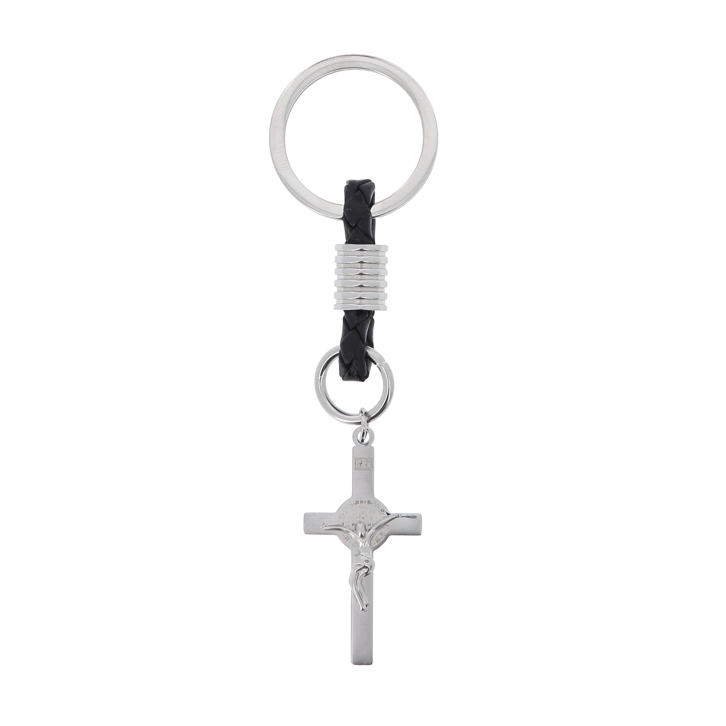 Portachiavi con Croce San Benedetto in acciaio inox. Con confezione. Lunghezza 10,5 cm