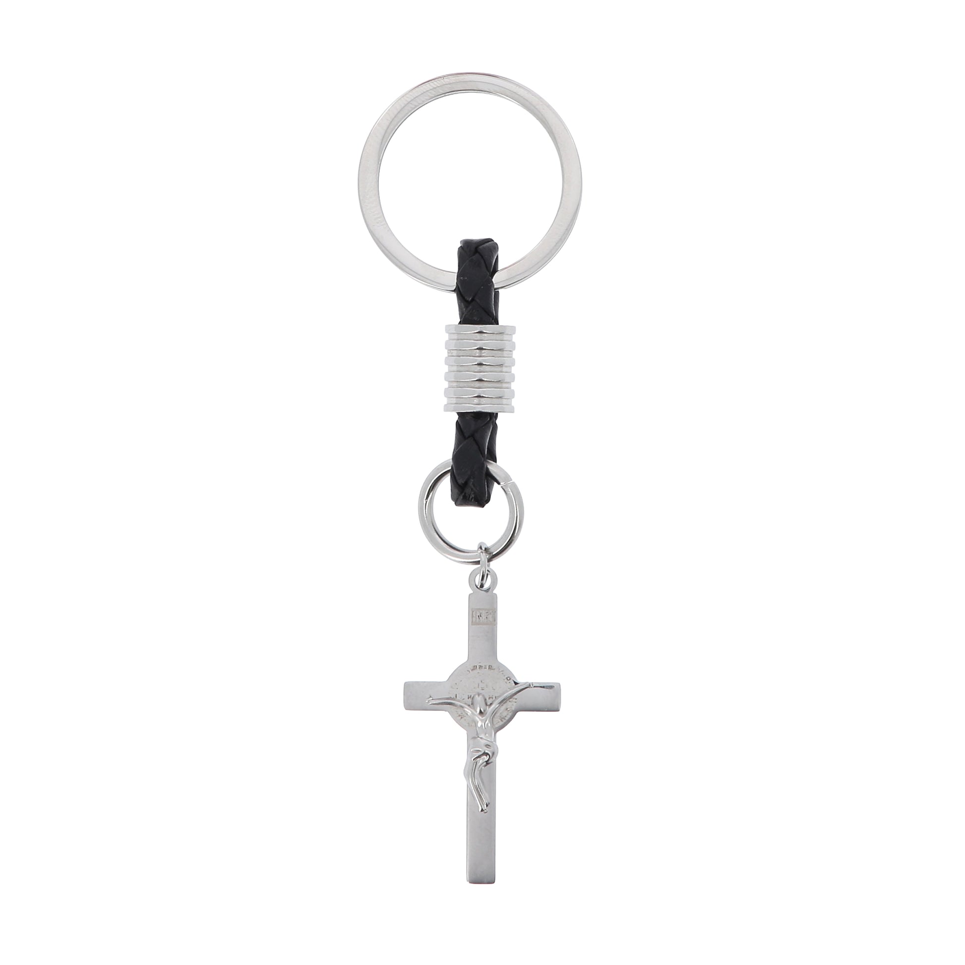 Portachiavi con Croce San Benedetto in acciaio inox. Con confezione. Lunghezza 10,5 cm