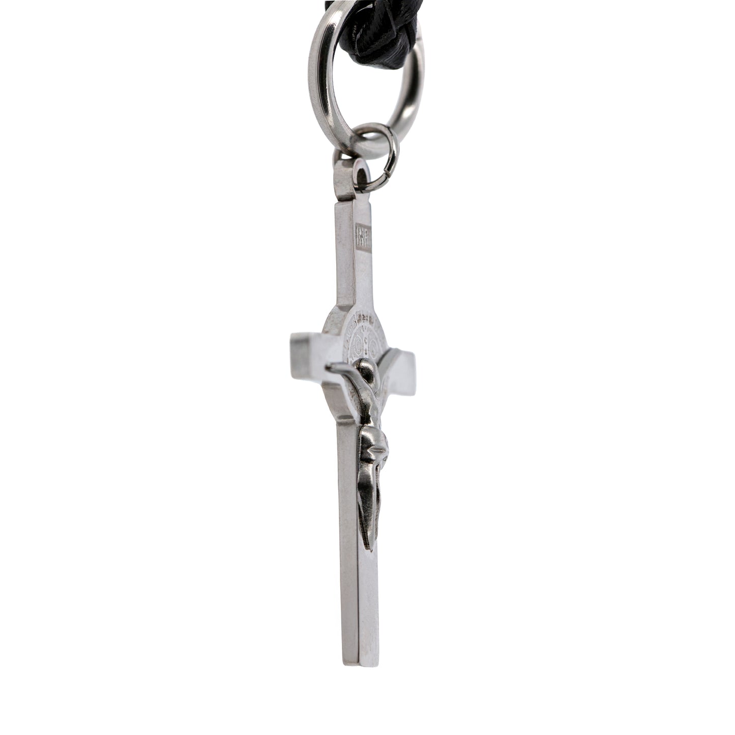 Portachiavi con Croce San Benedetto in acciaio inox. Con confezione. Lunghezza 10,5 cm