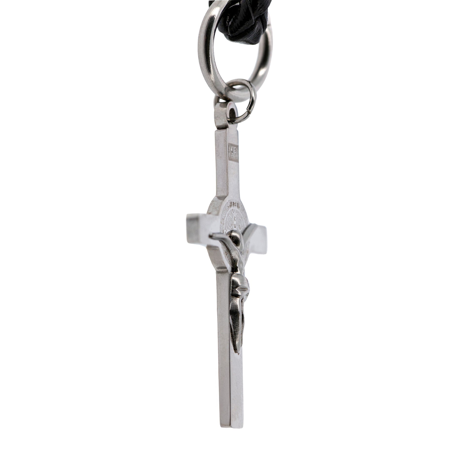 Portachiavi con Croce San Benedetto in acciaio inox. Con confezione. Lunghezza 10,5 cm
