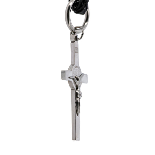 Portachiavi con Croce San Benedetto in acciaio inox. Con confezione. Lunghezza 10,5 cm