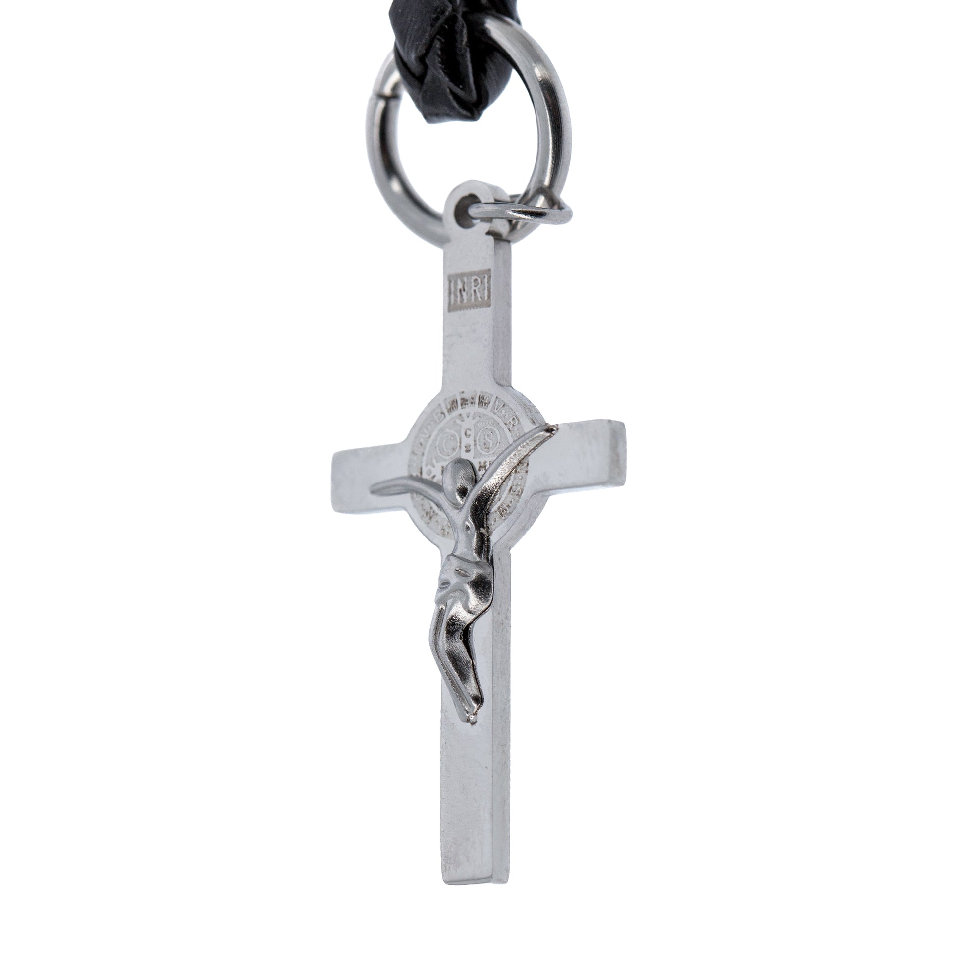 Portachiavi con Croce San Benedetto in acciaio inox. Con confezione. Lunghezza 10,5 cm