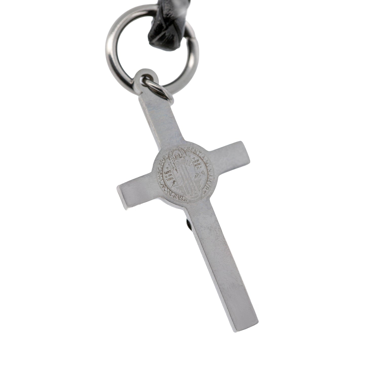 Portachiavi con Croce San Benedetto in acciaio inox. Con confezione. Lunghezza 10,5 cm