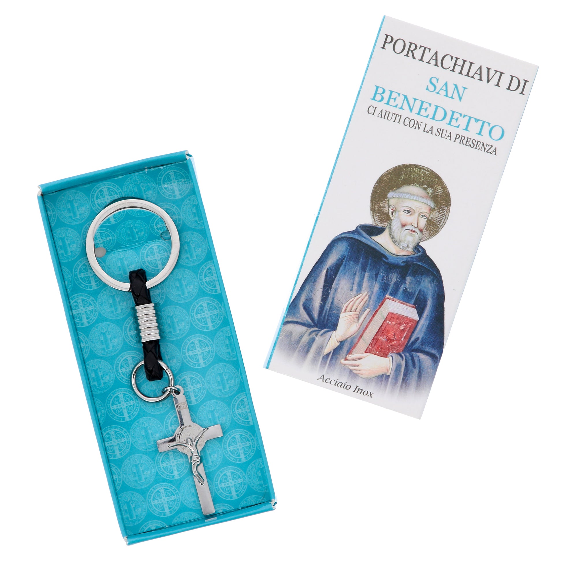 Portachiavi con Croce San Benedetto in acciaio inox. Con confezione. Lunghezza 10,5 cm