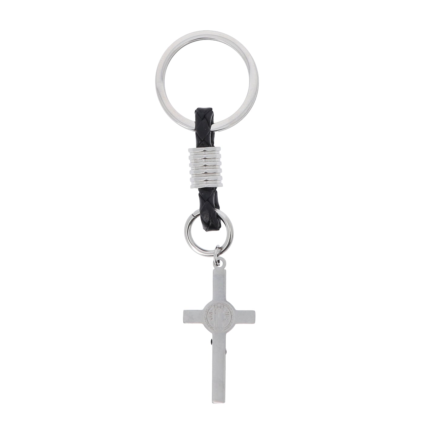 Portachiavi con Croce San Benedetto in acciaio inox. Con confezione. Lunghezza 10,5 cm