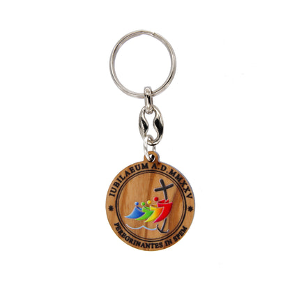 Portachiavi in legno d'ulivo con incisione logo Giubileo 2025. Diametro 3,6 cm