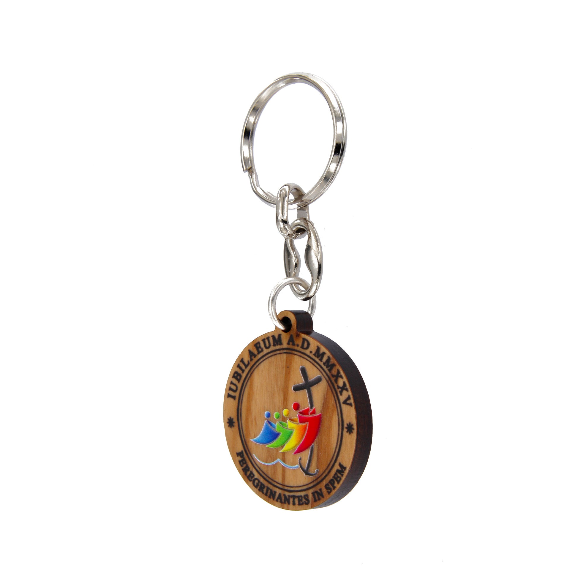 Portachiavi in legno d'ulivo con incisione logo Giubileo 2025. Diametro 3,6 cm