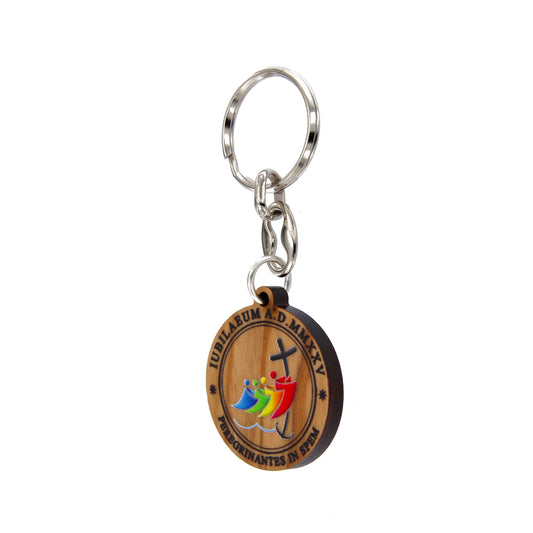Portachiavi in legno d'ulivo con incisione logo Giubileo 2025. Diametro 3,6 cm